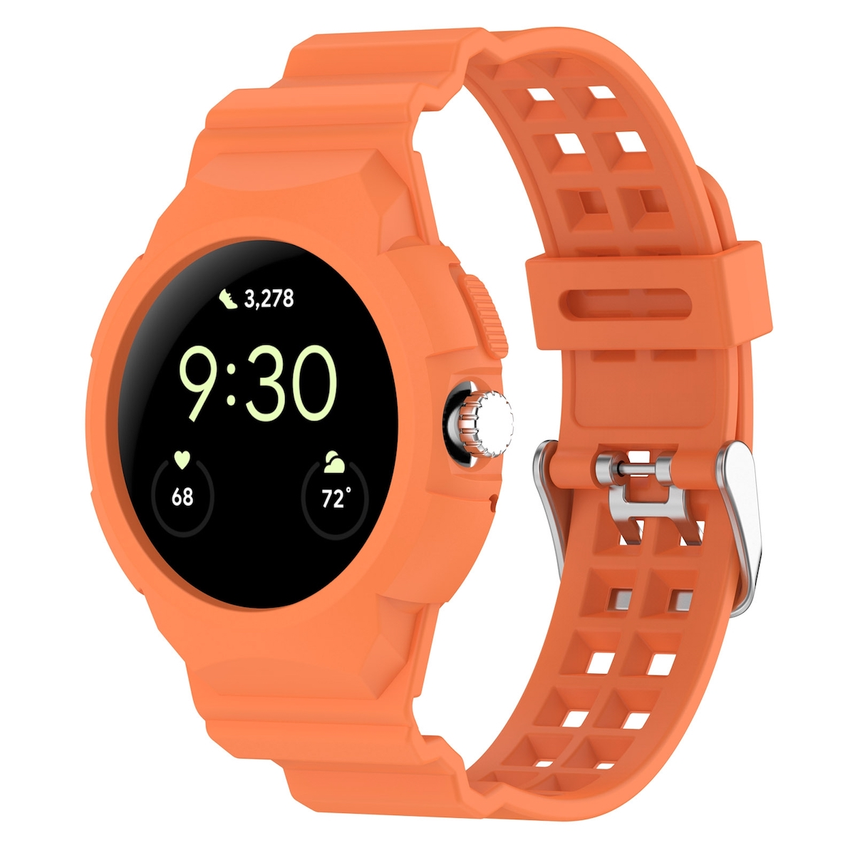 Orange Smartwatch mit digitaler Anzeige, die Zeit und Statistiken anzeigt, und passendem Armband.