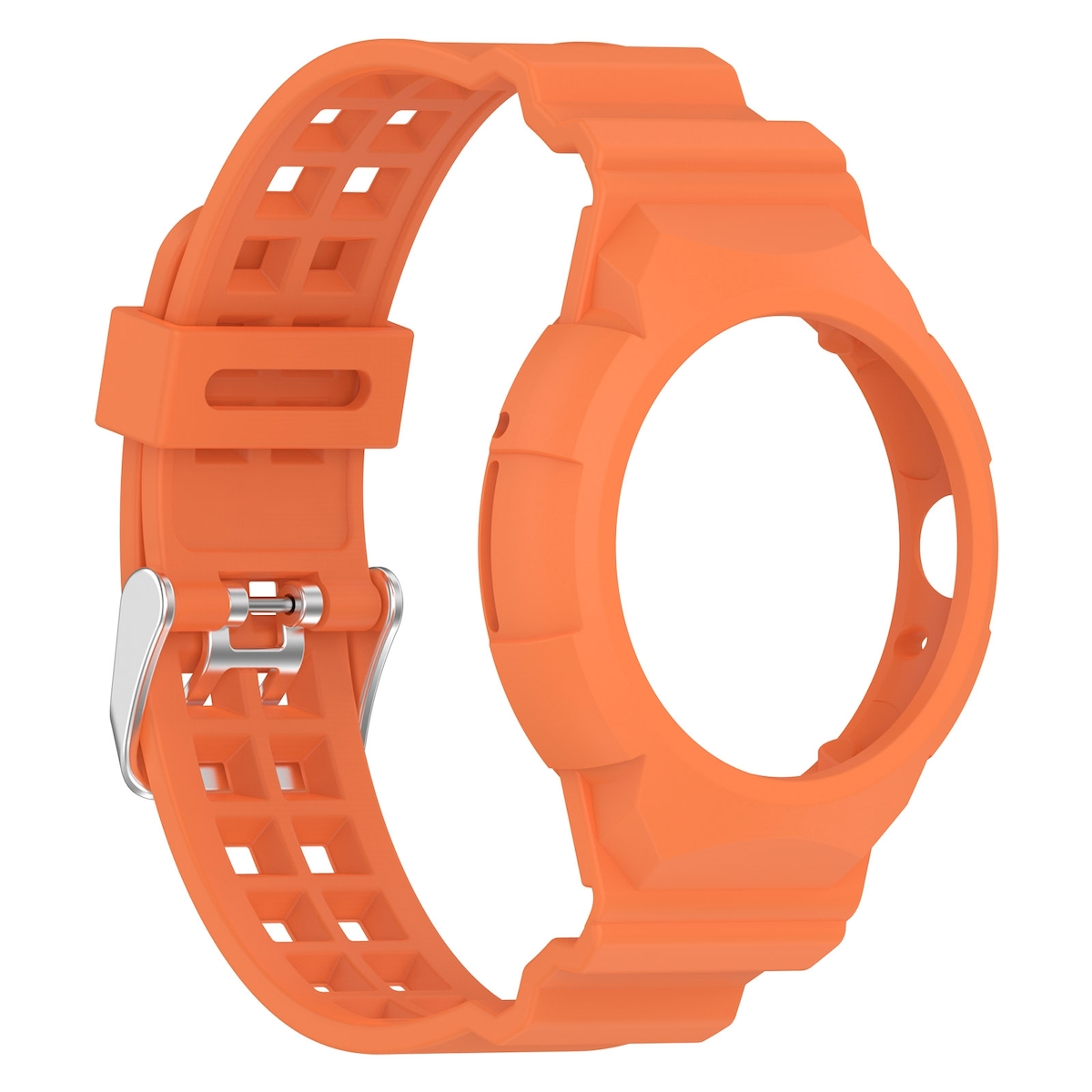 Orangenes Uhrenarmband mit Schnalle und Uhrengehäuse. Es ist orangefarben.