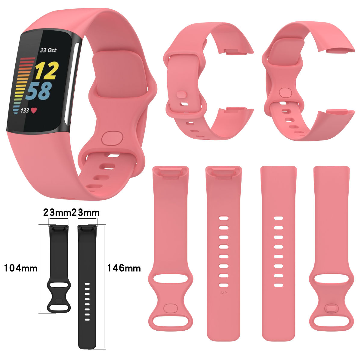 Pink Fitness-Tracker mit extra pinkfarbenen und schwarz-pinkfarbenen Armbändern, sowie Messungen.