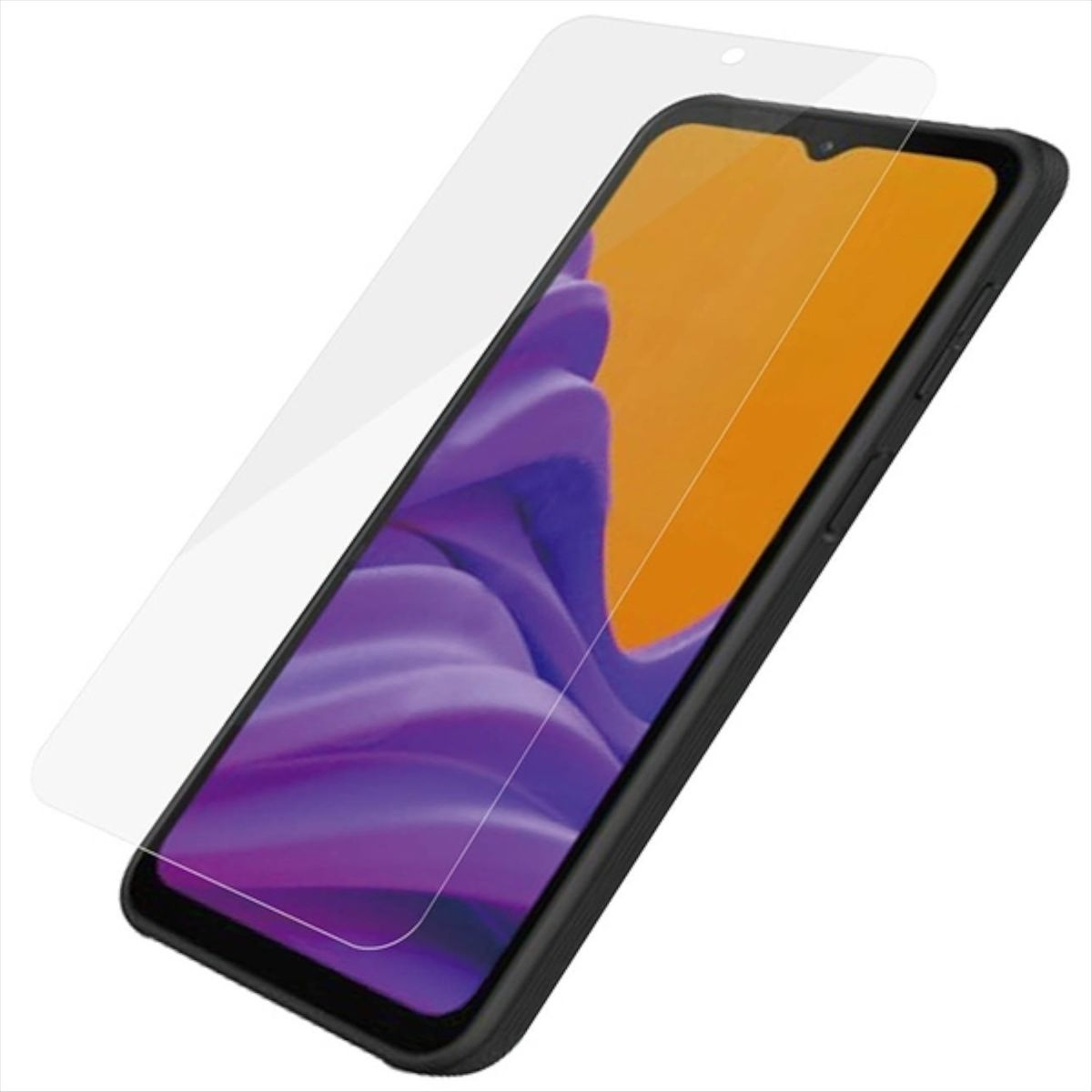 Telefono con protezione, sfondo arancione e viola.