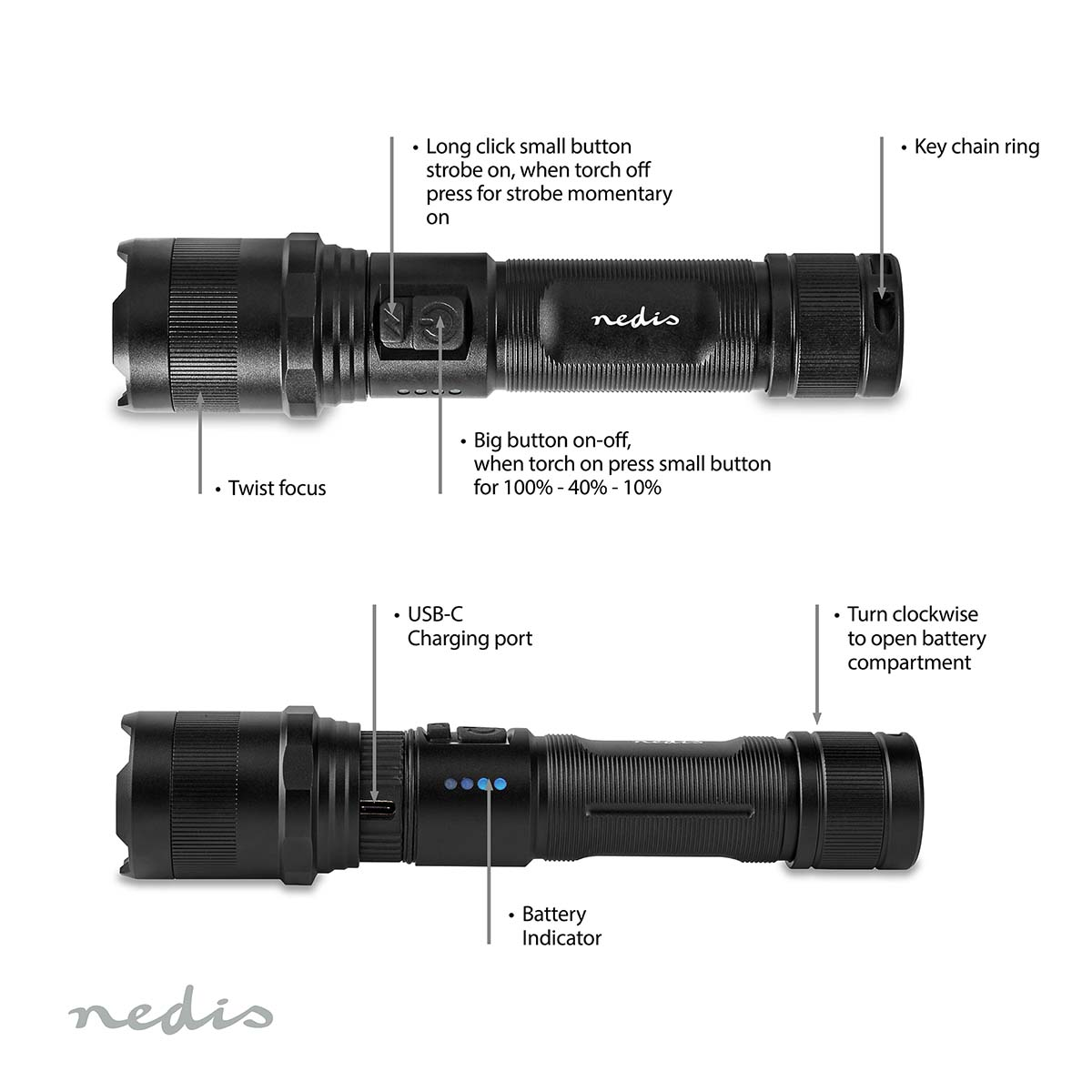 Lampe de poche noire avec des étiquettes pointant vers des fonctionnalités comme le port de charge et l'indicateur de batterie.