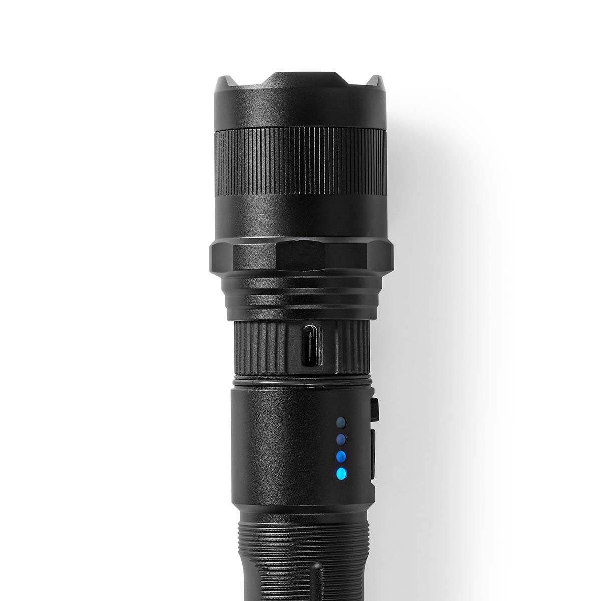 Une lampe de poche noire avec des lumières bleues.