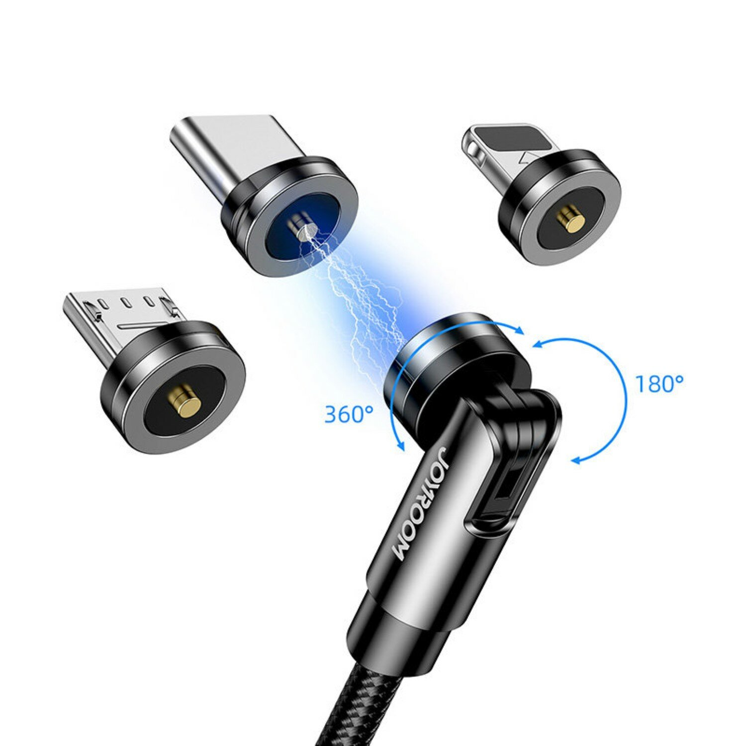 Magnetisches USB-Kabel mit drei verschiedenen Köpfen. Kabel hat ein blaues Licht.