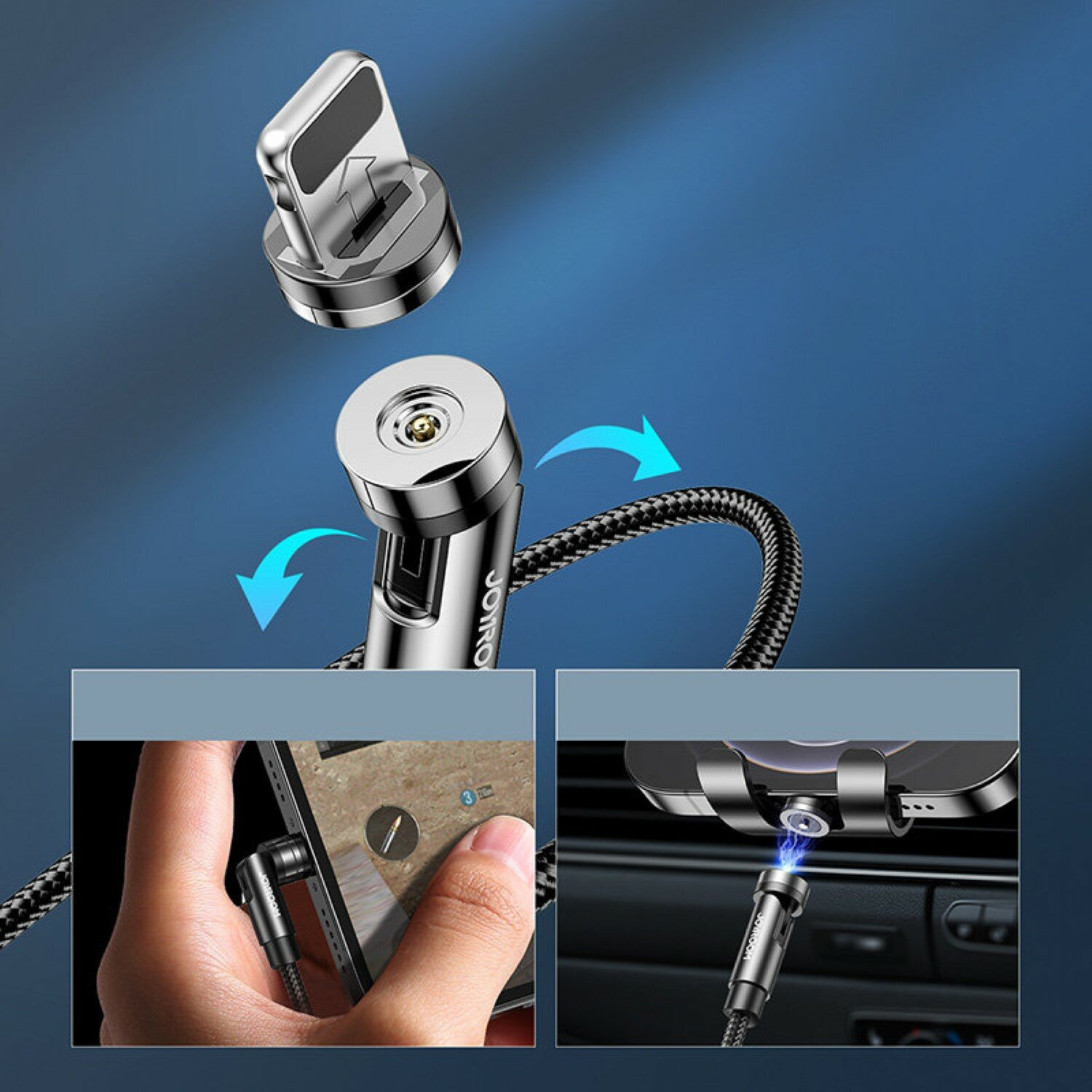Magnetisches Telefonladegerät. Das Ladegerät ist an ein Telefon angeschlossen. Pfeile zeigen die Verbindung.