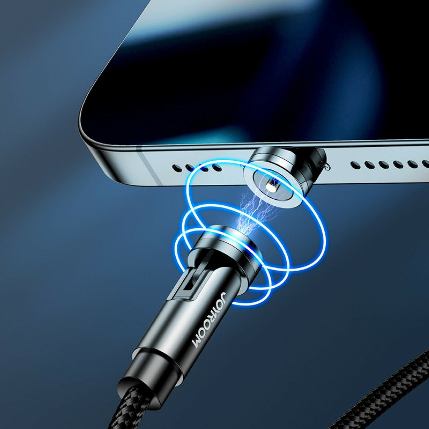 Magnetisches Ladekabel an einem Telefon angeschlossen, blaue Linien leuchten.