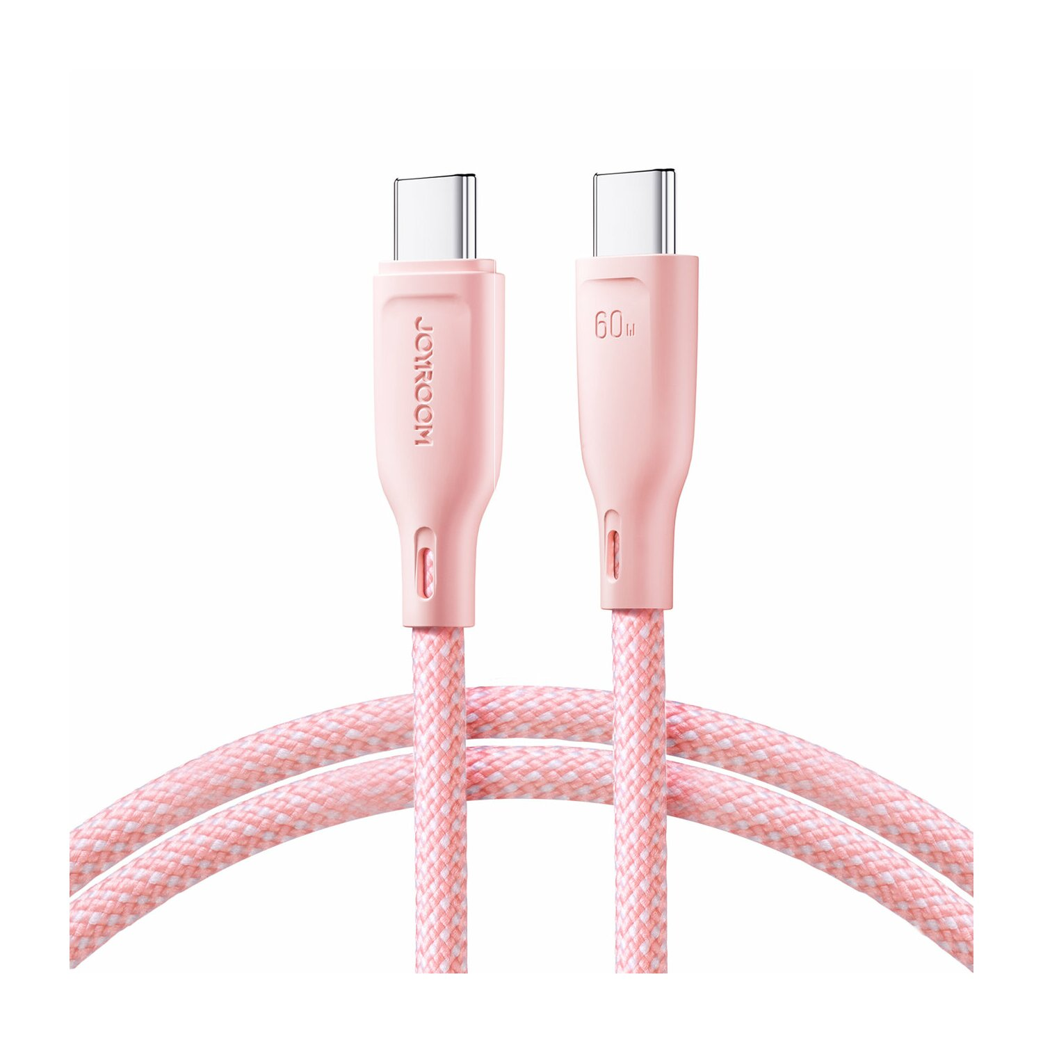 Rosa USB-C-Kabel mit rosa geflochtenem Kabel und weißem Hintergrund.