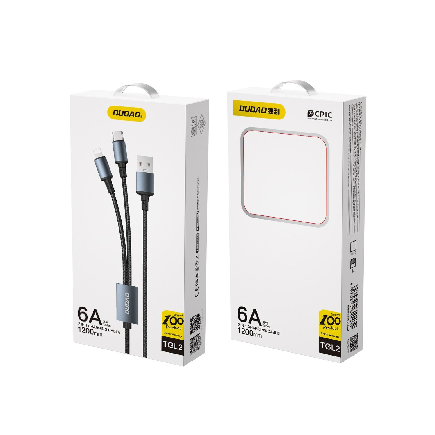 Ladekabelbox mit 2 Kabeln. Text: DUDUO, 2-in-1-Ladekabel, 6A.