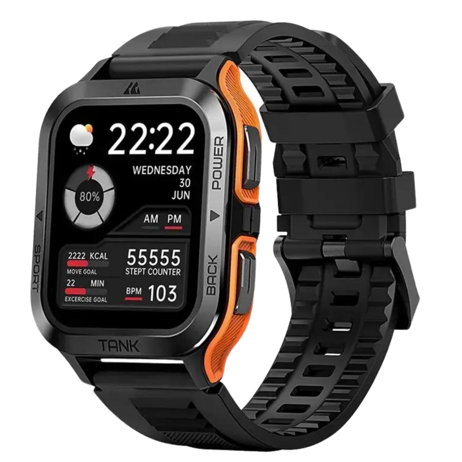 Schwarze Smartwatch mit schwarzem und orangefarbenem Armband, zeigt Zeit und Statistiken.