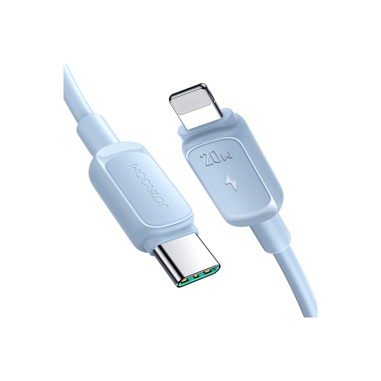 Hellblaues Ladekabel mit Typ-C- und Lightning-Anschlüssen. Weißer Hintergrund.