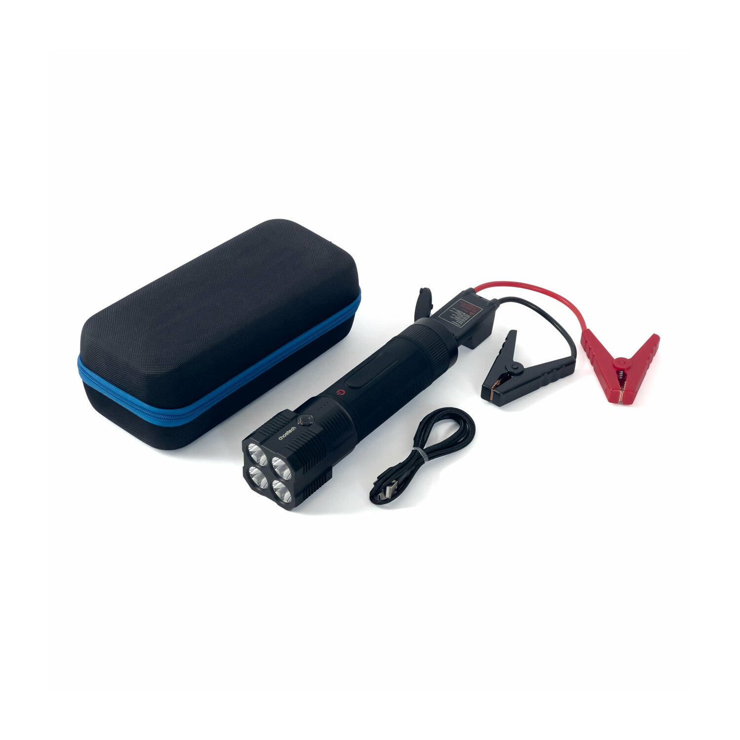 Eine schwarze Taschenlampe, ein schwarzes Gehäuse, Starthilfekabel und ein USB-Kabel. Die Taschenlampe hat vier Lichter.
