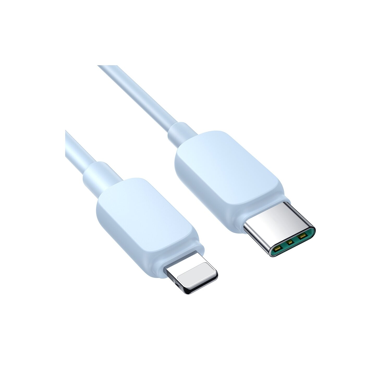 Ein weißes und silbernes USB-C-auf-Lightning-Kabel vor weißem Hintergrund.