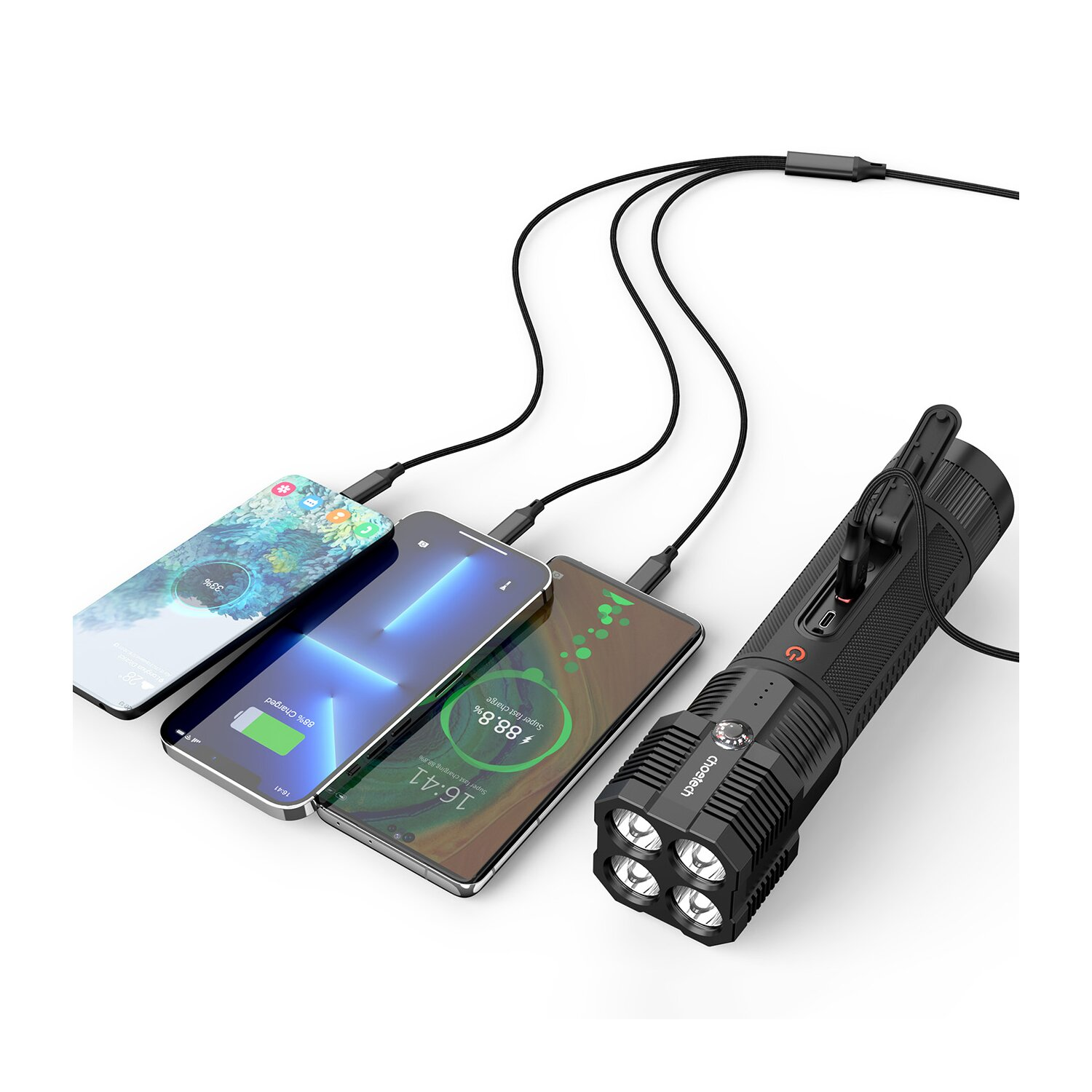 Drei Telefone, die von einer Taschenlampe geladen werden. Telefone zeigen Akkustand an.