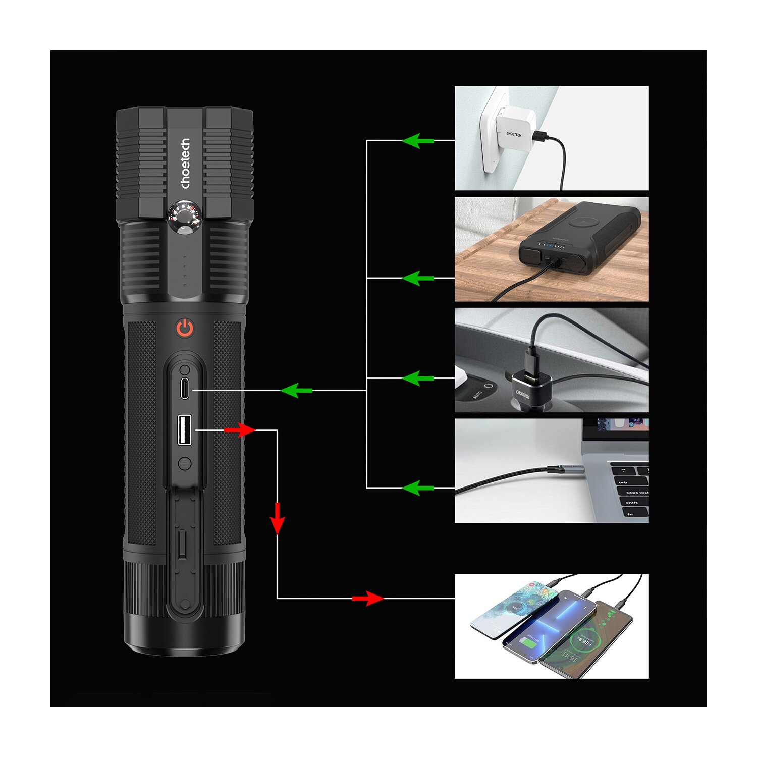 Eine schwarze Taschenlampe mit verschiedenen Anschlüssen und einem Ein-/Ausschalter. Zeigt das Laden mit USB und Powerbank.