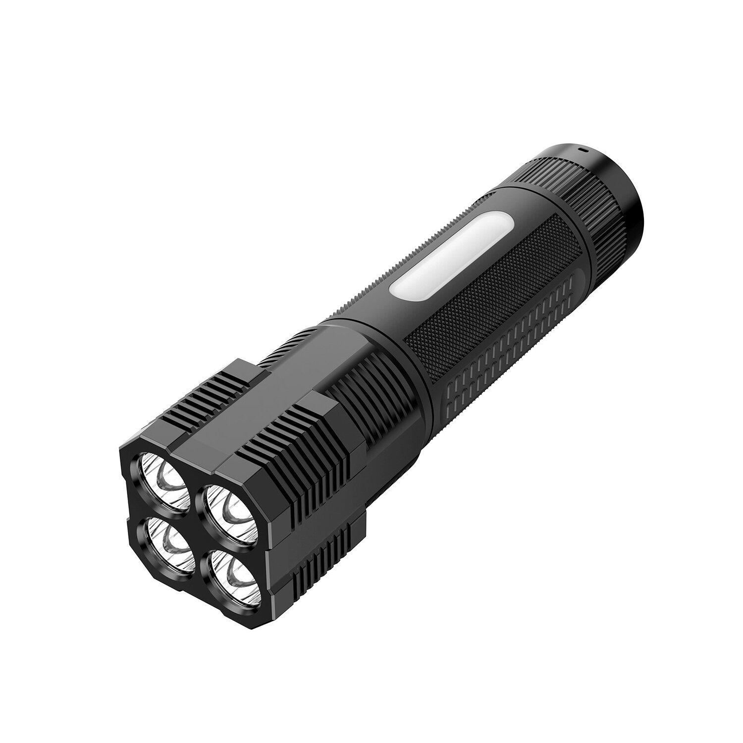 Eine schwarze Taschenlampe mit vier Lichtern. Die Taschenlampe ist eingeschaltet und hat ein weißes Licht in der Mitte.