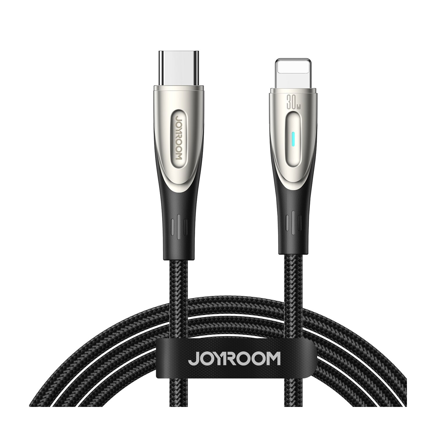 Schwarzes USB-C-auf-Lightning-Kabel mit JOYROOM-Branding.