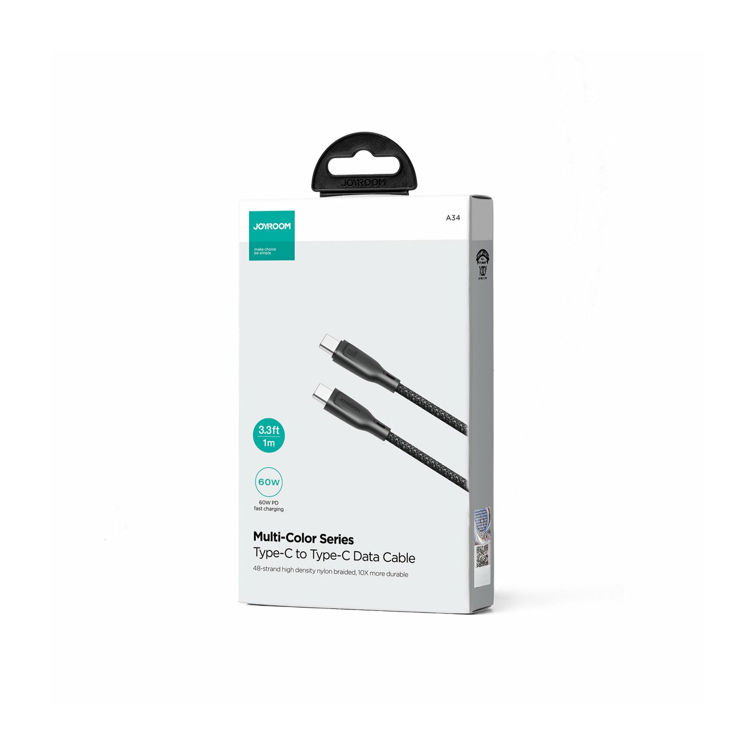 Pudełko czarnego kabla USB-C do USB-C. Tekst: Multi-Color Series, kabel do przesyłania danych Type-C do Type-C.
