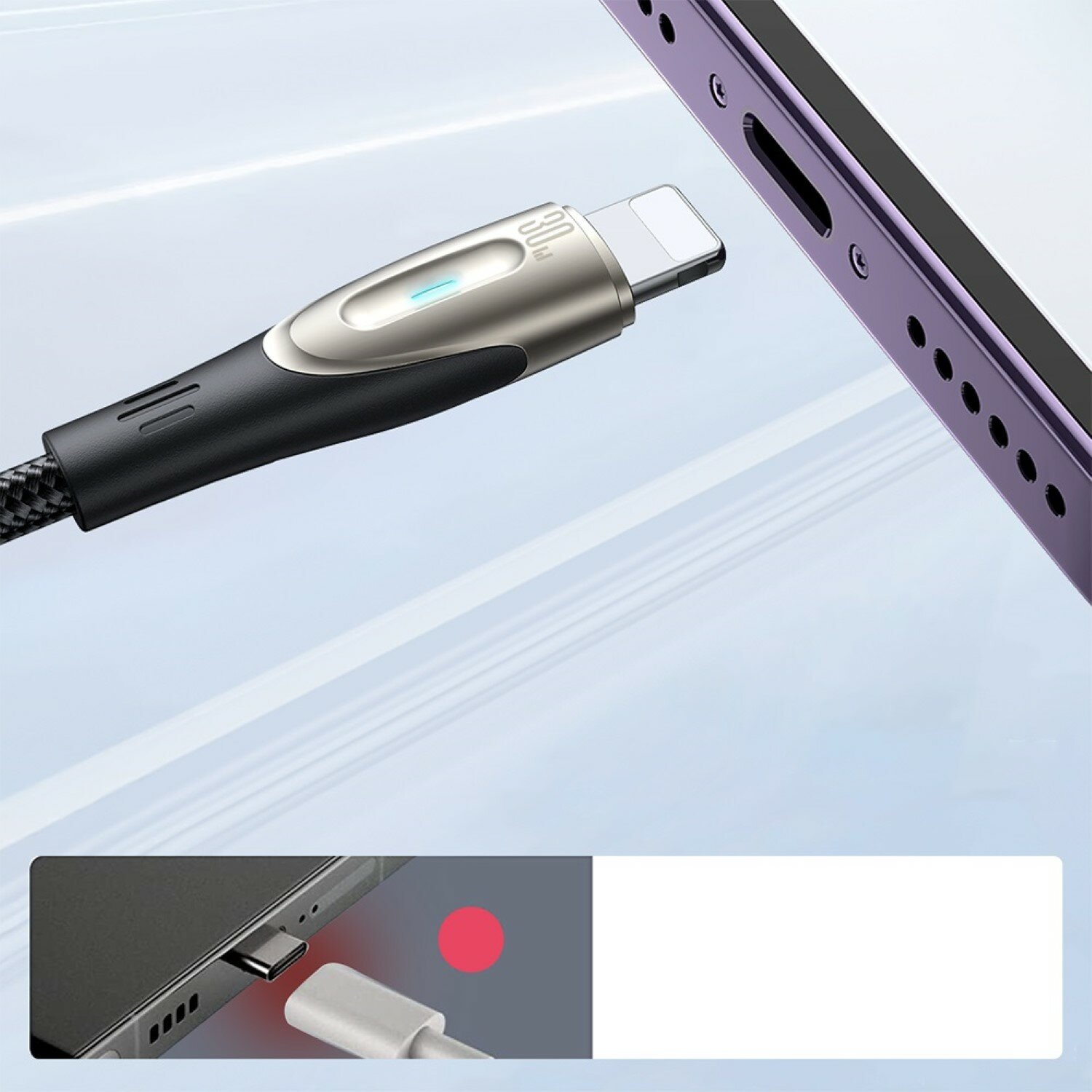 Ein Telefon mit eingestecktem Ladekabel. Das Kabel ist angeschlossen. Das Telefon ist lila.