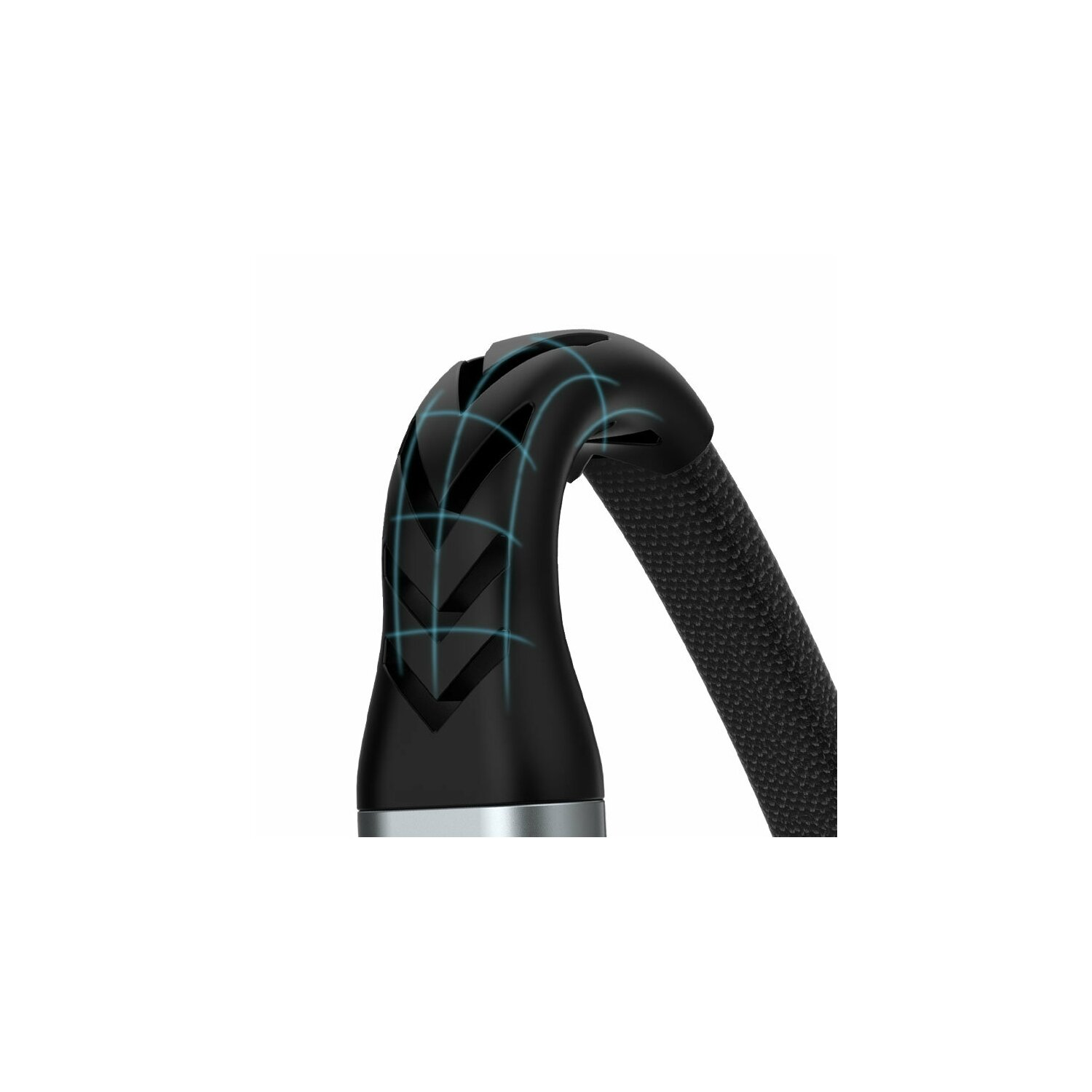 Zbliżenie czarnego, zakrzywionego kabla ładującego o teksturowanych szczegółach, z wzorem siatki na krzywej.