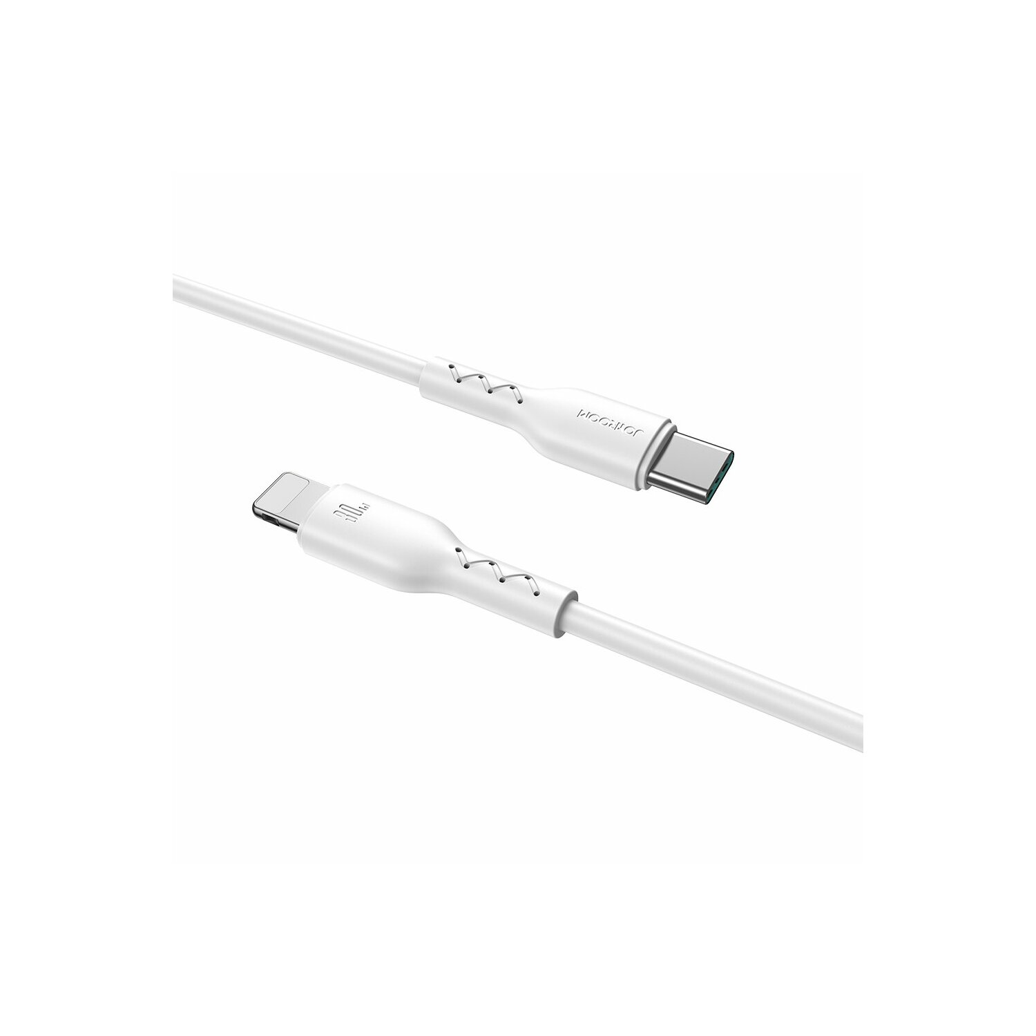 Weißes USB-C-zu-Lightning-Kabel mit weißen Anschlüssen.