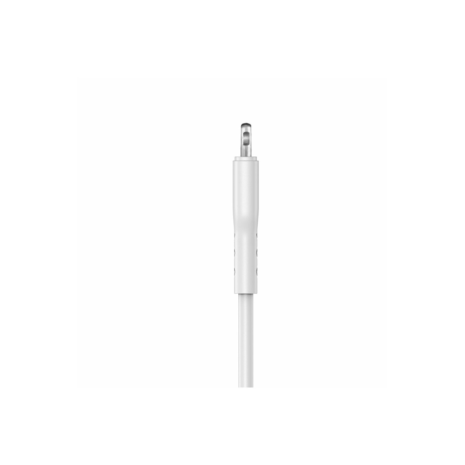 Ein weißer Stecker für ein Kabel vor weißem Hintergrund.