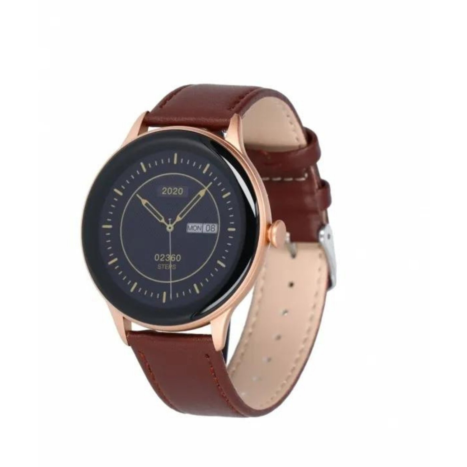 Braune Leder-Smartwatch mit dunklem Bildschirm, der Zeit und Datum anzeigt. Braunes Lederarmband.