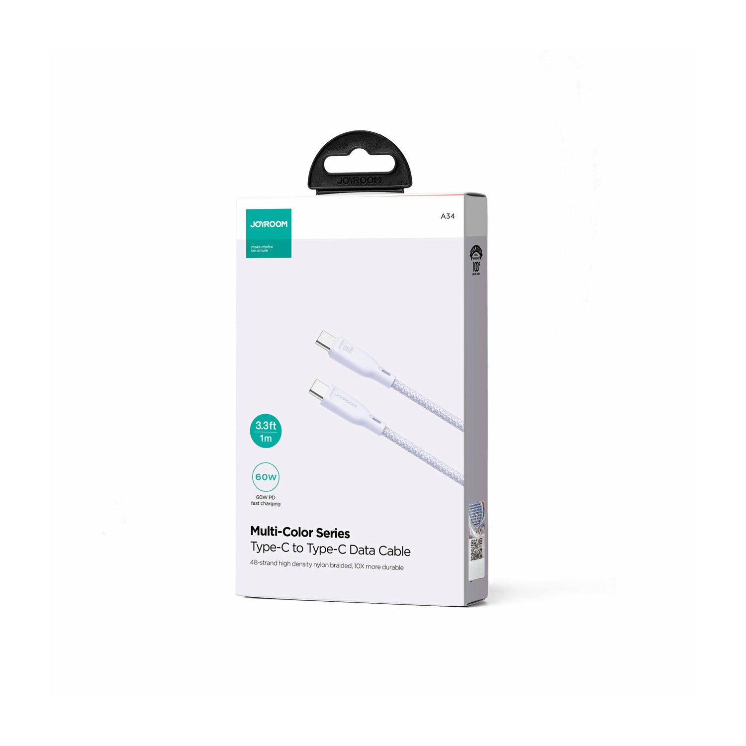 Weißes und graues Type-C-zu-Type-C-Datenkabel in einer weiß-grünen Box. Das Kabel ist geflochten und beschriftet.