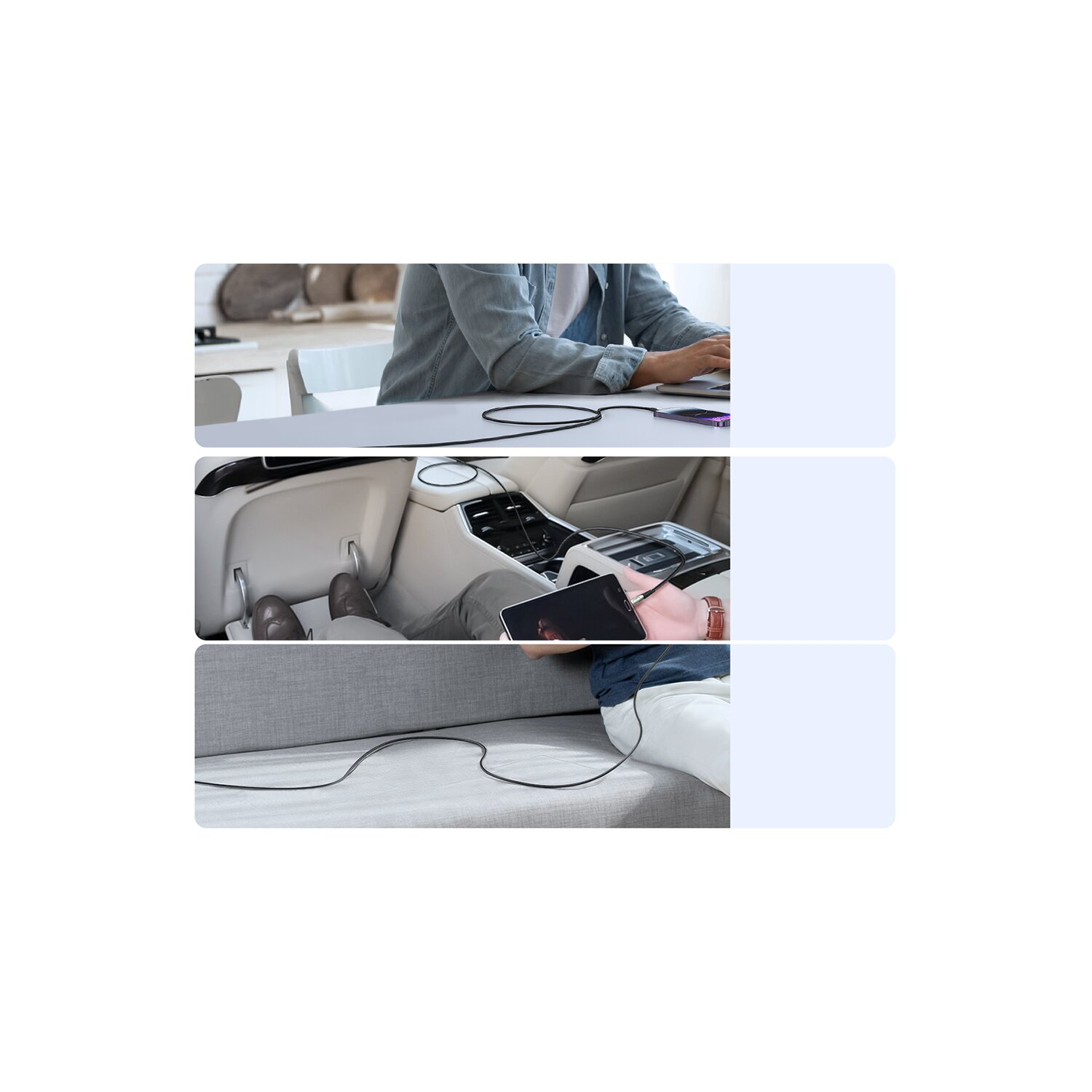 Szenen von Personen, die Ladekabel mit Geräten verwenden: Laptop, Tablet und Telefon. Weiße Kästen.