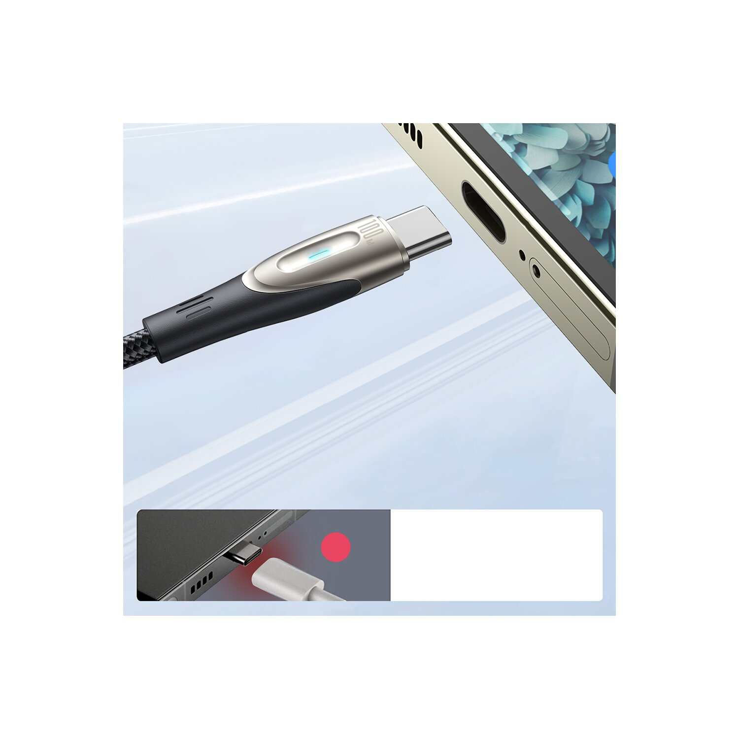 USB-C-Ladekabel mit blauem Licht und Telefonladung auf weiß-blauem Farbverlauf.