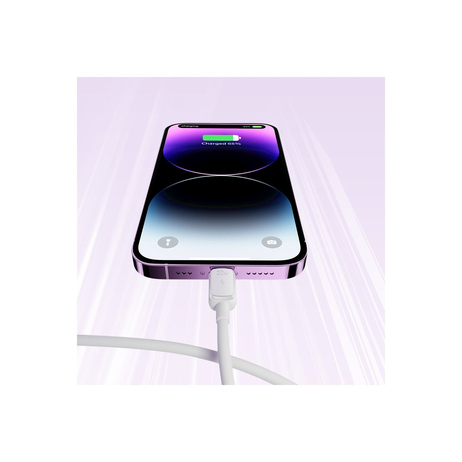 Telefon lädt, weißes Kabel angeschlossen, Display zeigt Ladestatus.