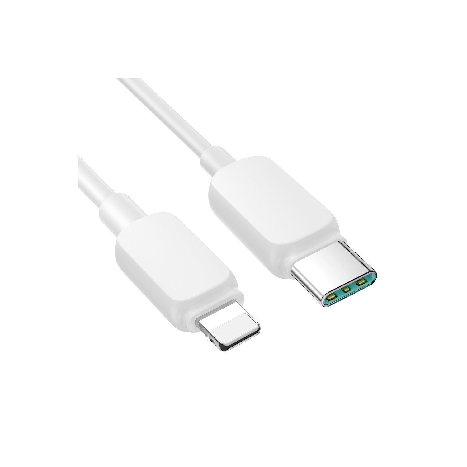 Weißes USB-C-auf-Lightning-Kabel zum Aufladen von Geräten mit Anschlüssen an beiden Enden.