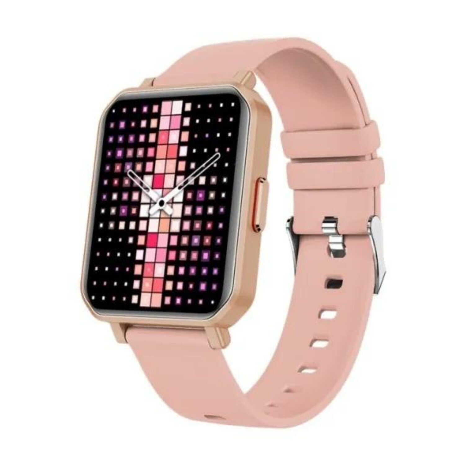 Rosafarbene Smartwatch mit rosa Armband, zeigt digitale Oberfläche.