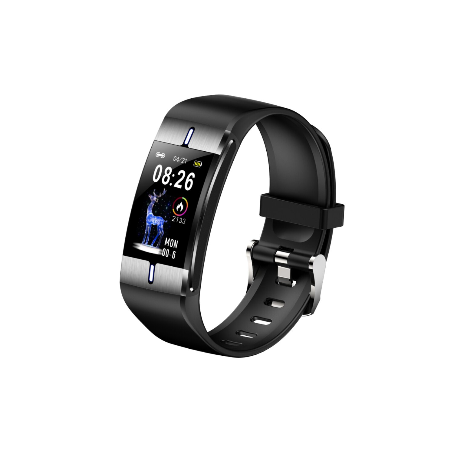 Eine schwarze Smartwatch, die Zeit und ein Hirschbild anzeigt, auf weißem Hintergrund.