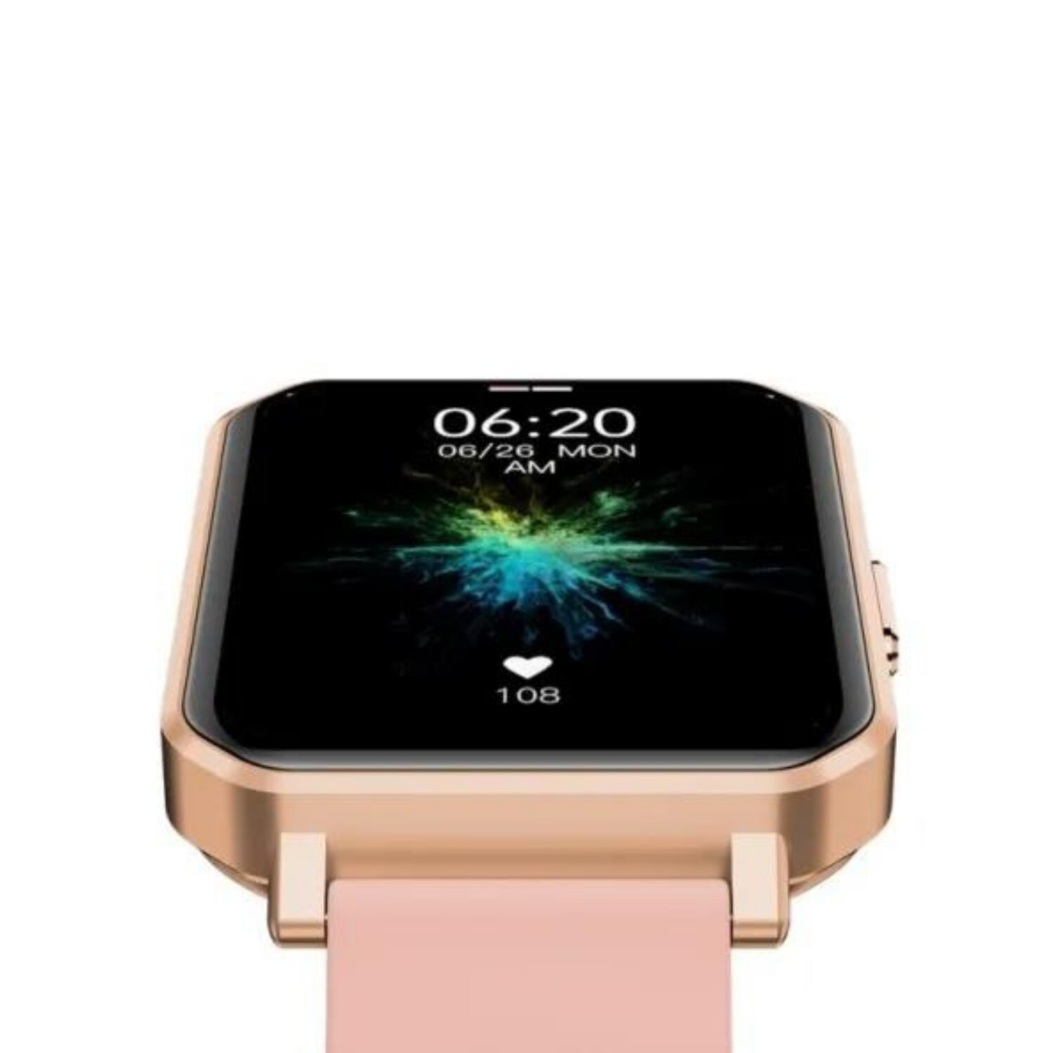 Eine roségoldene Smartwatch mit pinkfarbenem Armband. Der Bildschirm zeigt eine Digitaluhr und Herzfrequenz.