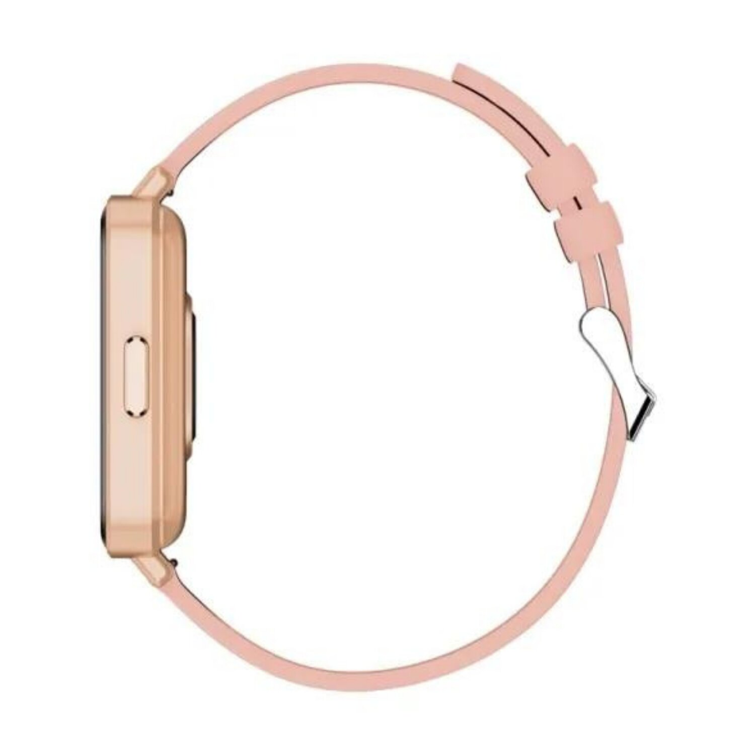 Rosafarbene Smartwatch mit rundem Zifferblatt und rosafarbenem Armband, Seitenansicht.