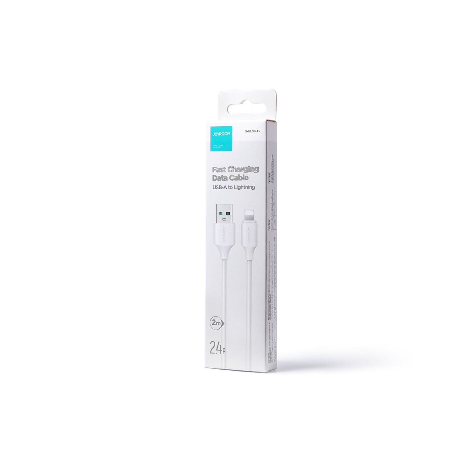 Scatola bianca con un cavo di ricarica USB-A a Lightning all'interno, descrizione del prodotto.