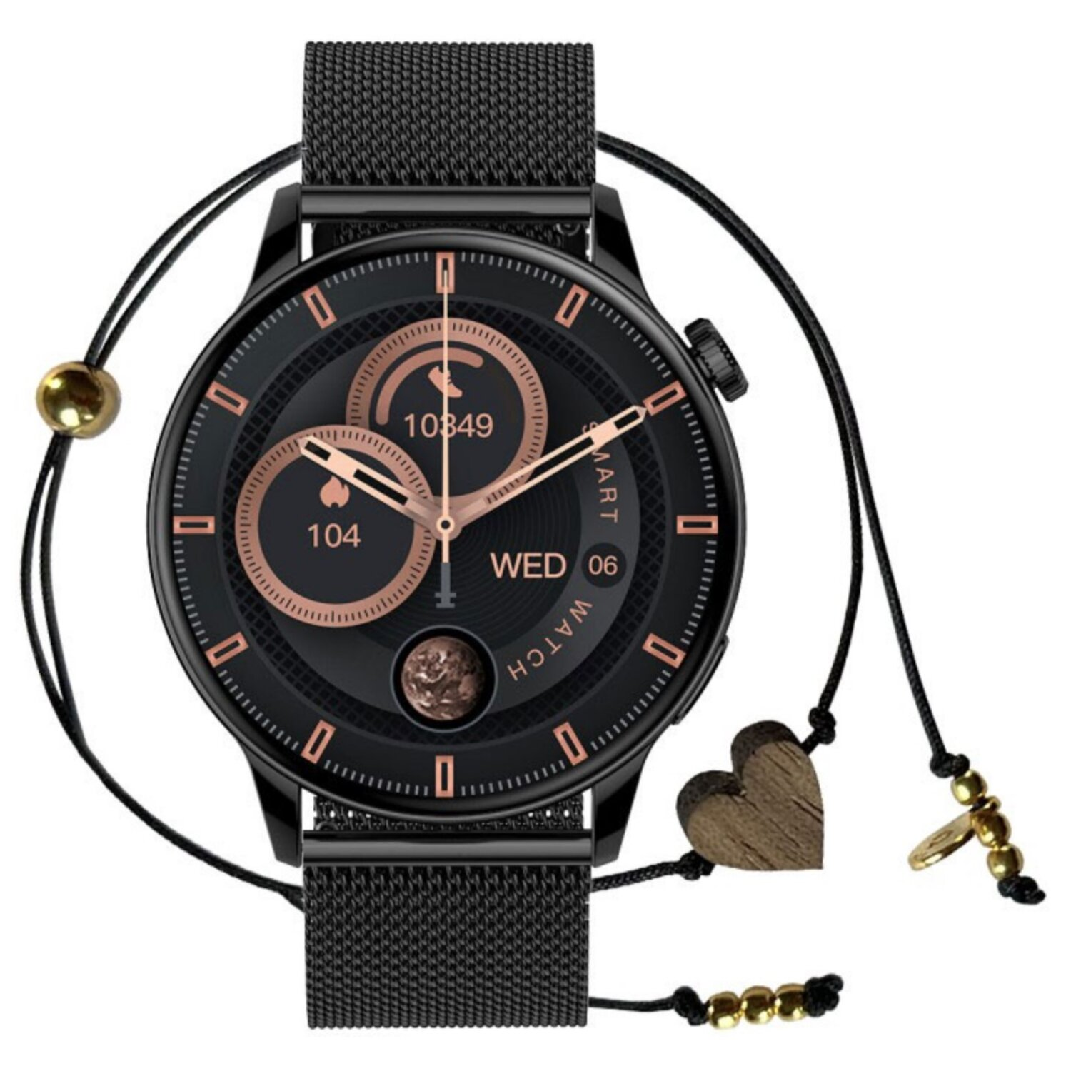 Schwarze Smartwatch mit schwarzem Armband und goldenen Details. Die Uhr zeigt Zahlen und Text.