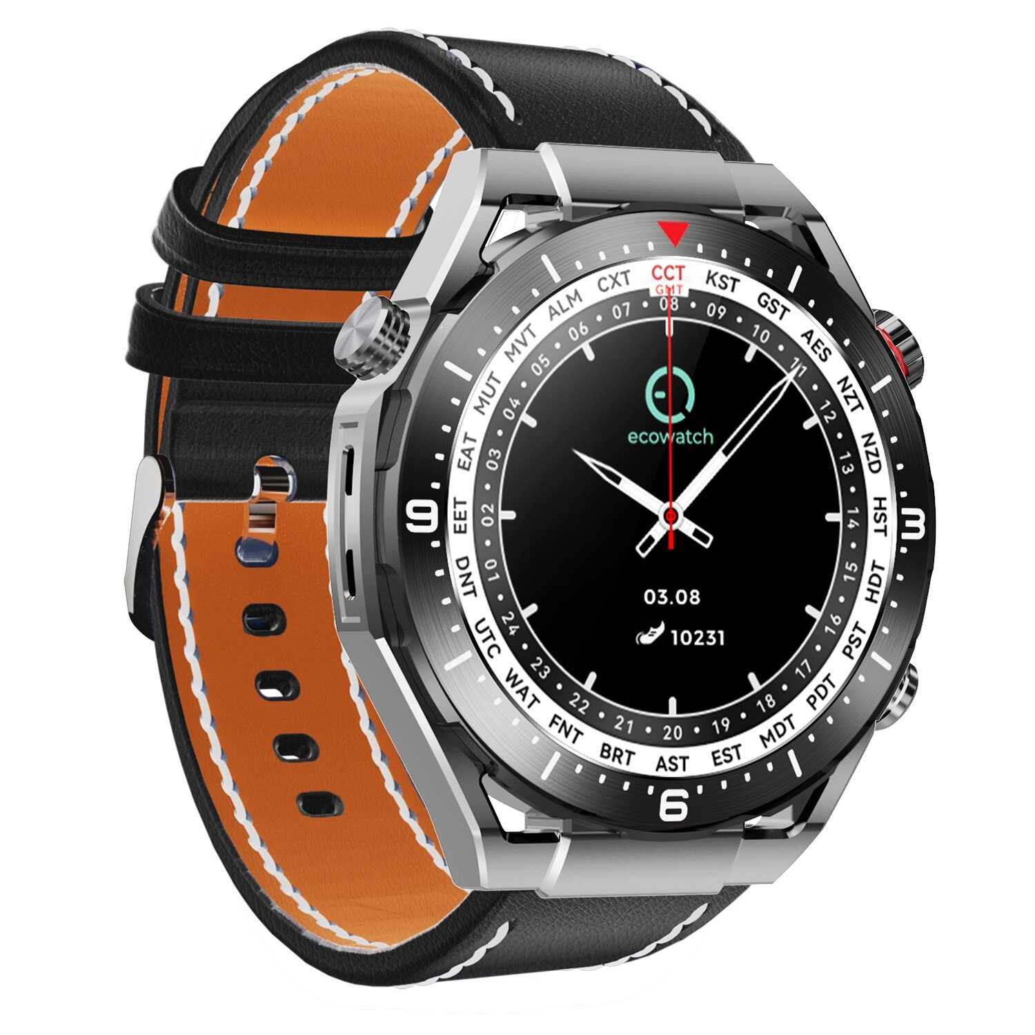 Eine Smartwatch mit schwarzem Lederarmband, die Zeit und andere Daten anzeigt.