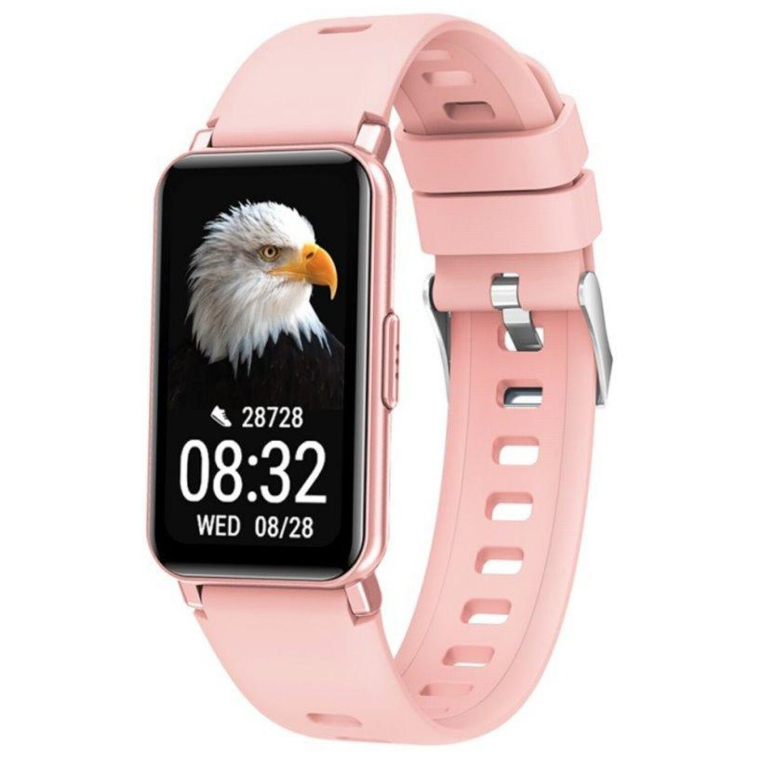 Rosa Smartwatch mit Zeit und Metriken. Der Bildschirm zeigt ein Adlerbild und das Datum.