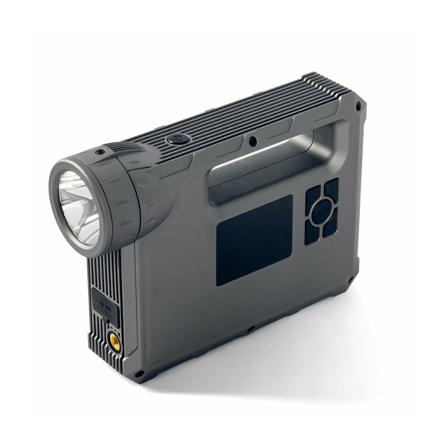 Graue tragbare Stromstation mit einer Taschenlampe und einem Griff.
