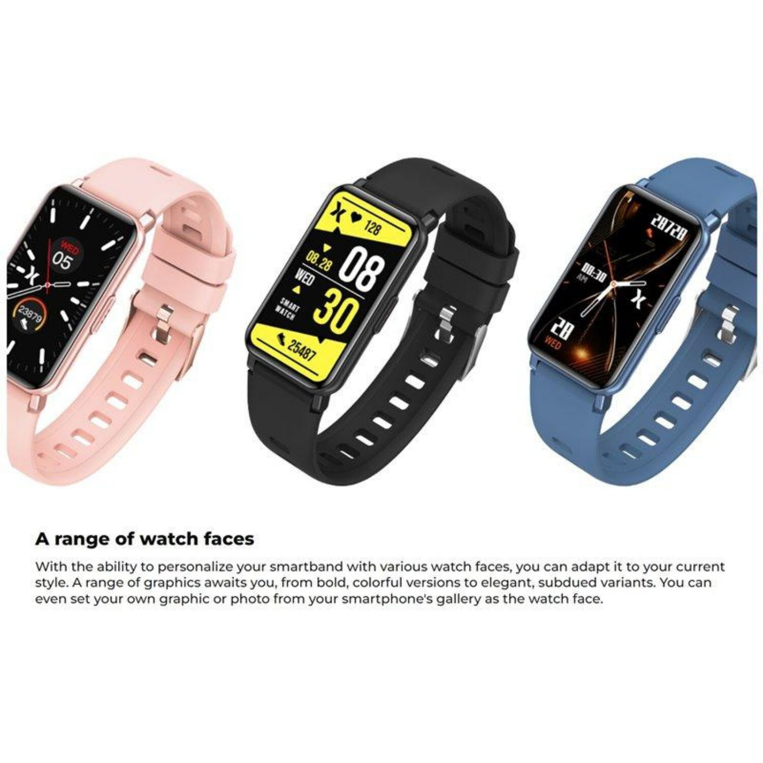 Drei Smartwatches mit verschiedenfarbigen Armbändern und Displays, mit Text darunter.