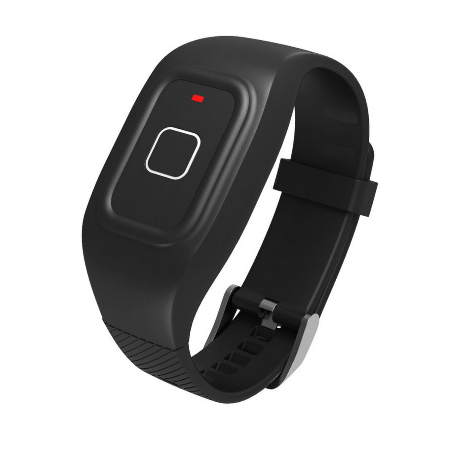 Braccialetto smart nero con schermo rettangolare e sensore touch, e cinturino nero.