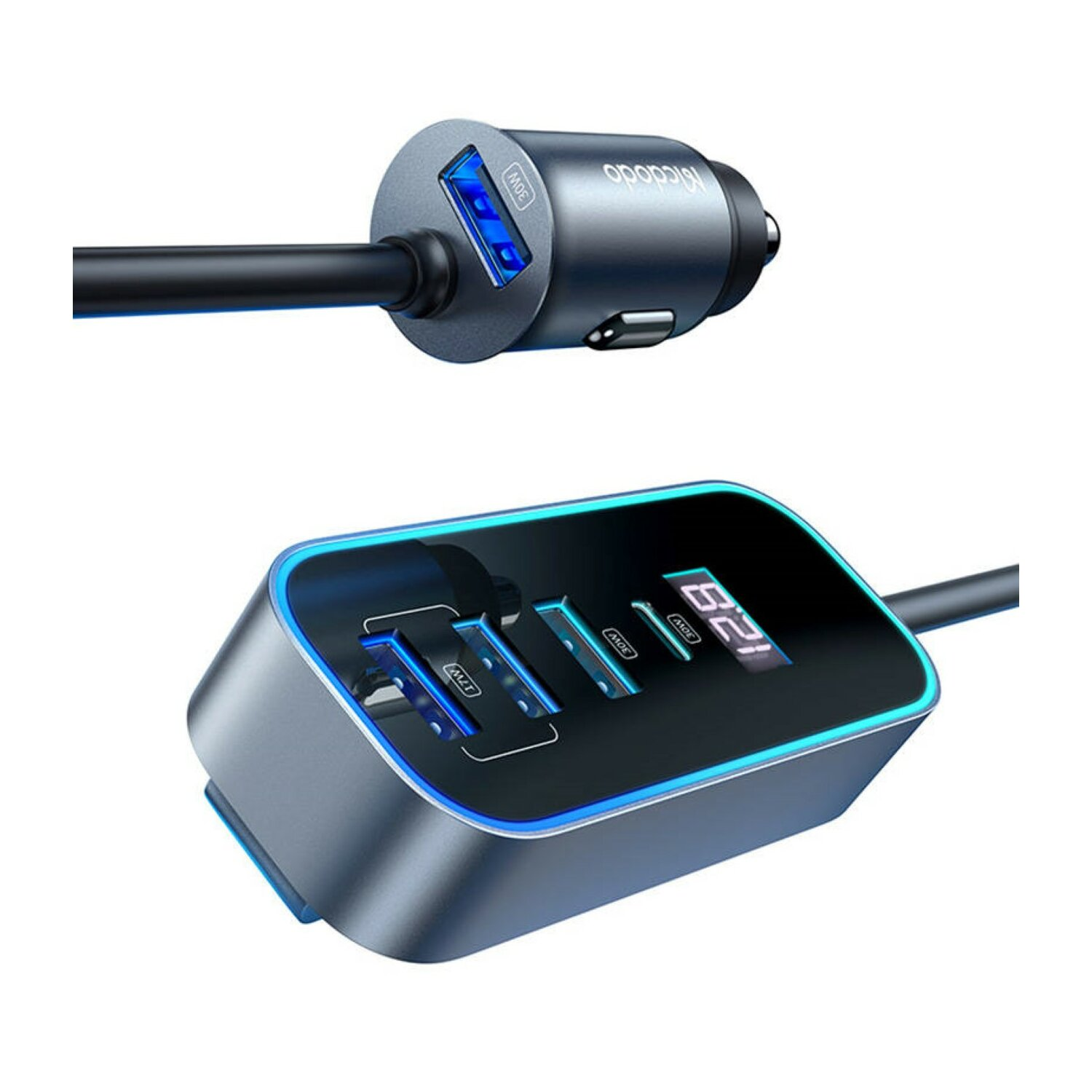 Ein Autoladegerät mit USB-Anschlüssen und Digitalanzeige, die Spannung und Strom anzeigt.