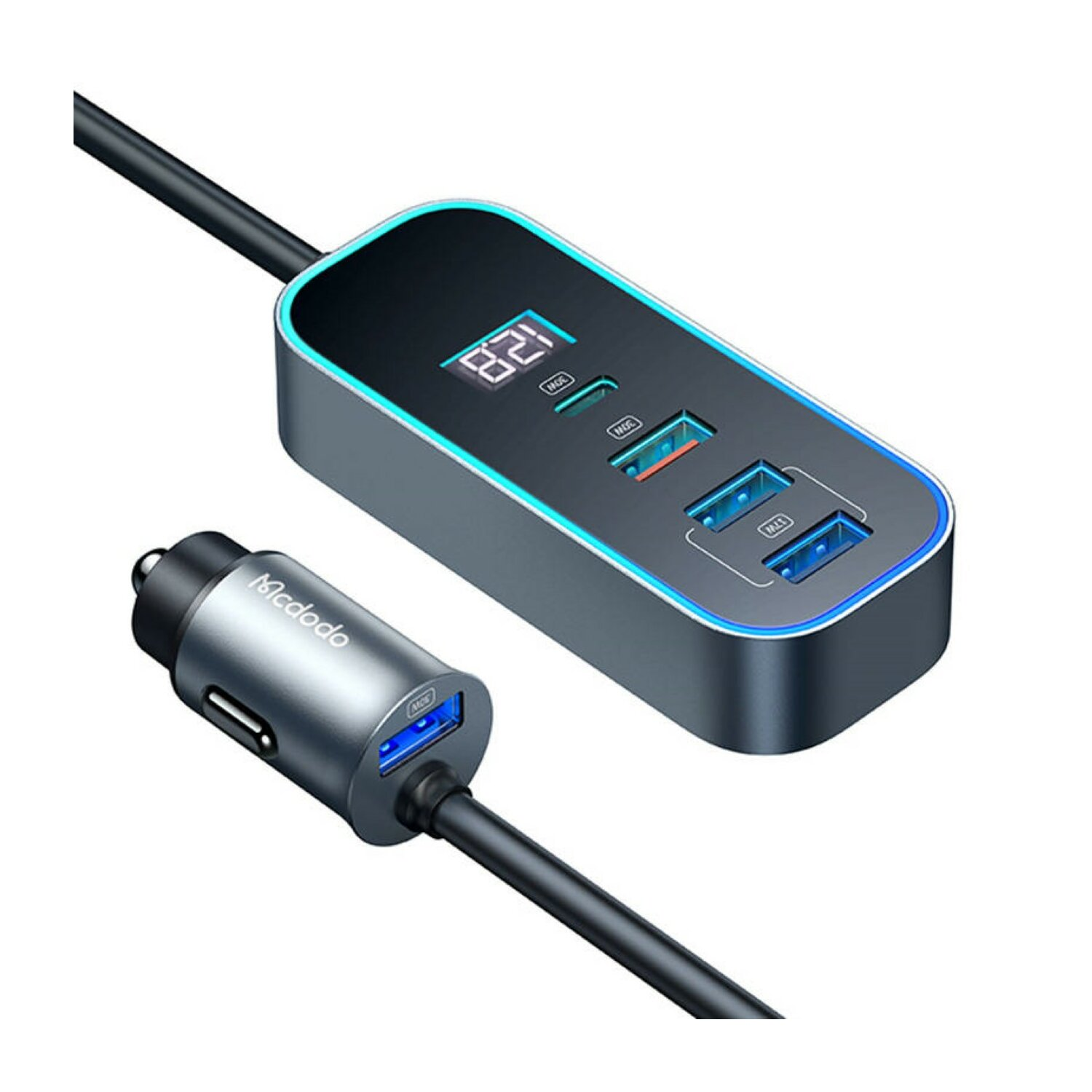 Ein Autoladegerät mit mehreren USB-Anschlüssen und LED-Anzeige der Spannung.