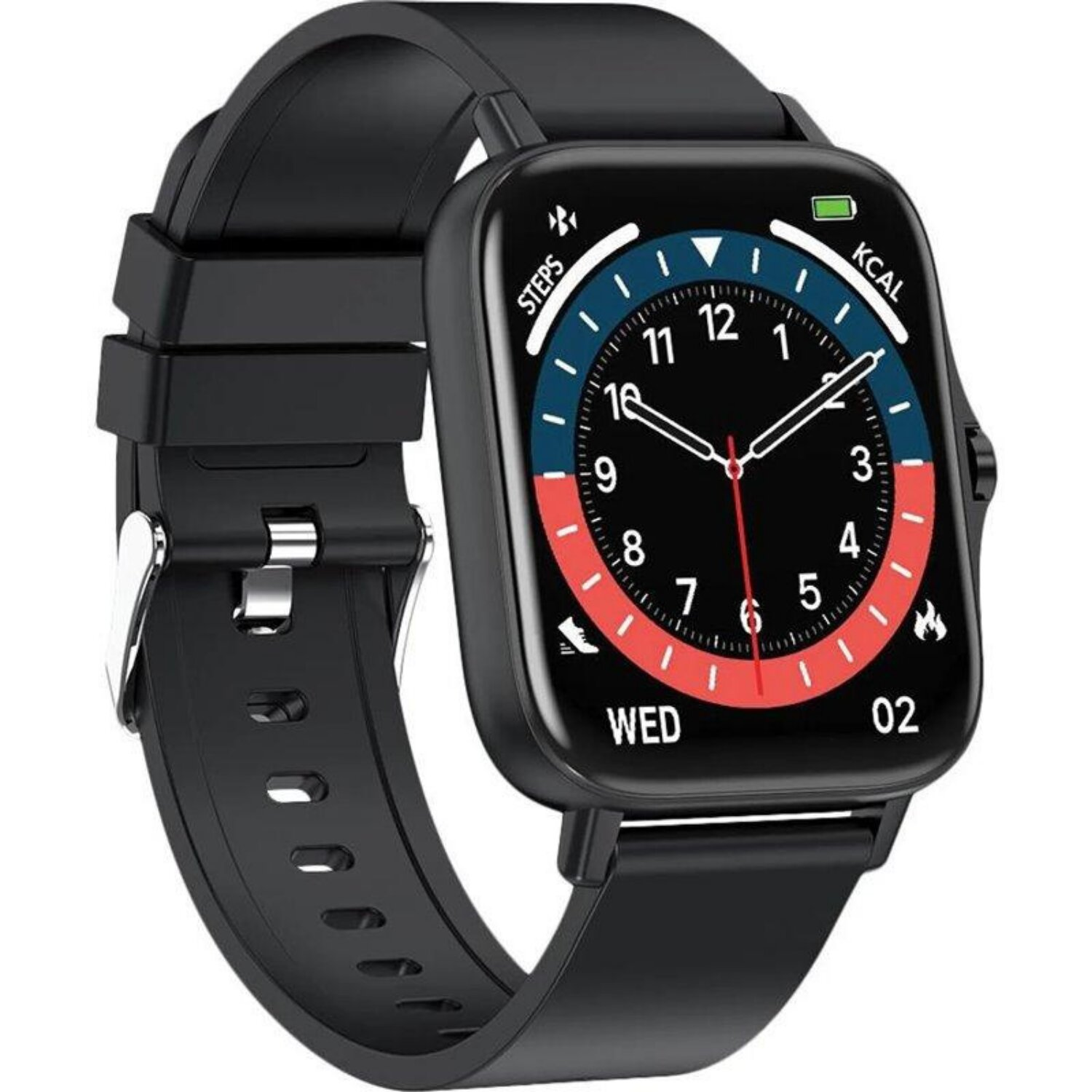 Eine schwarze Smartwatch mit quadratischem Bildschirm, zeigt Zeit und Fitness-Metriken, mit schwarzem Armband.