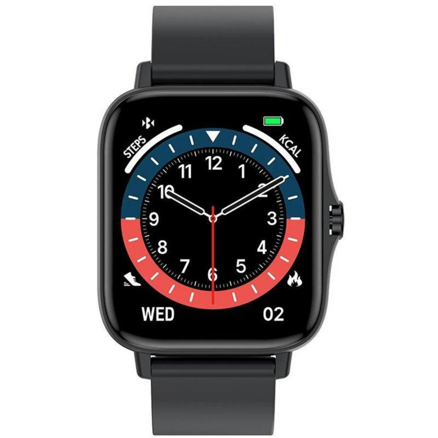 Eine schwarze Smartwatch mit kreisförmiger Anzeige, die Zeit, Schritte und KCAL anzeigt, auf weißem Hintergrund.