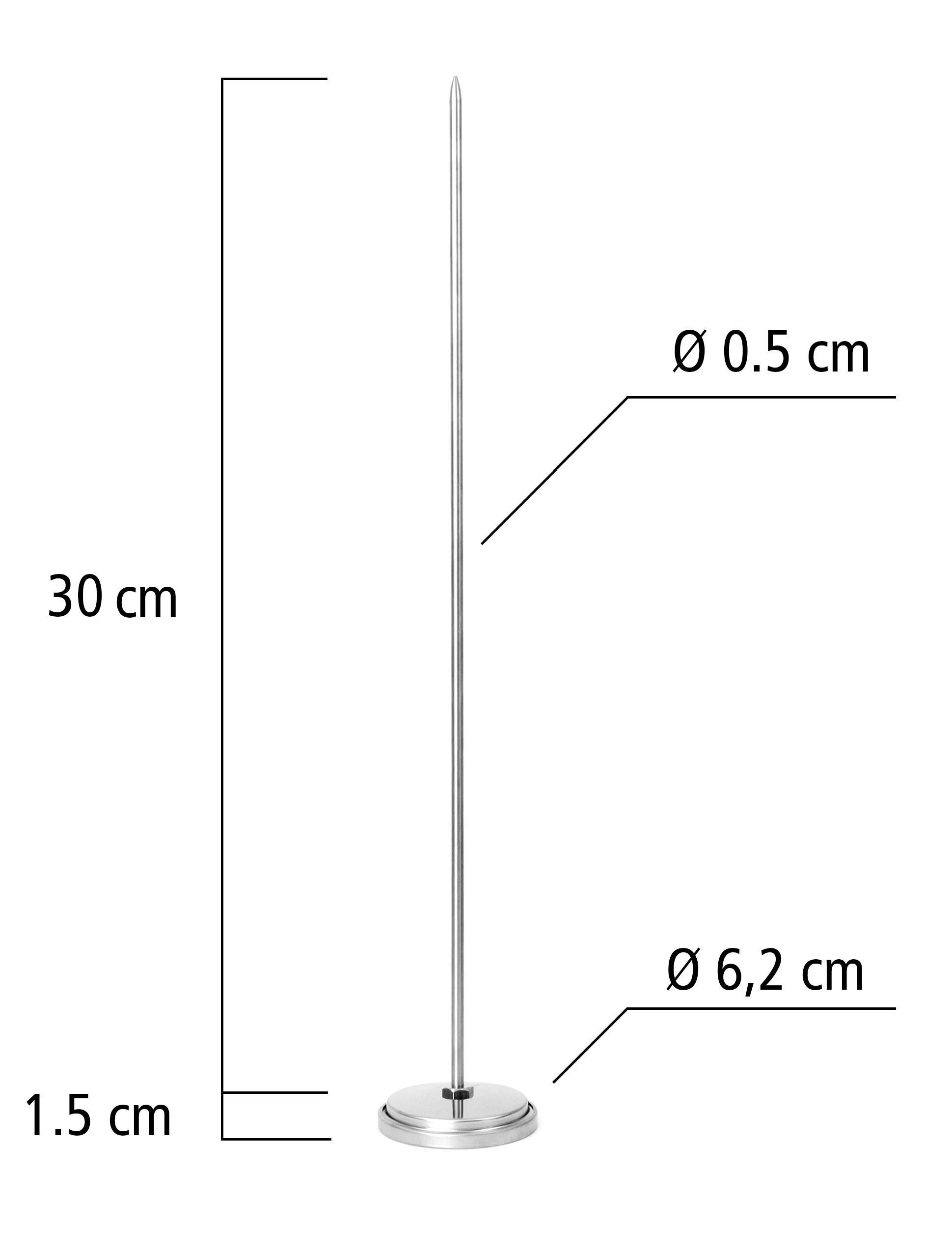 Ein Metallständer. Der Durchmesser beträgt 6,2 cm an der Basis und 0,5 cm oben, 30 cm hoch.