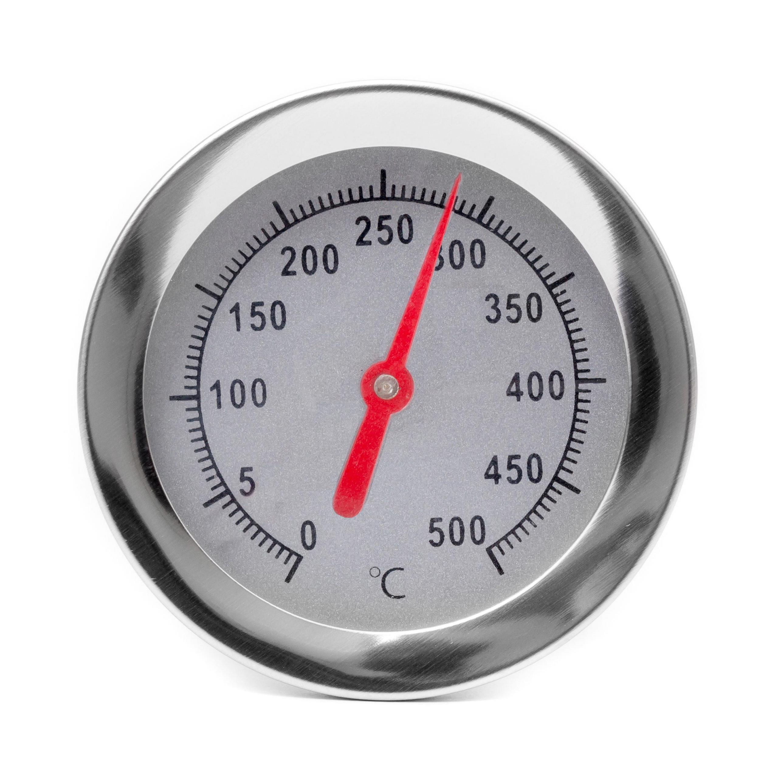 Nahaufnahme eines runden Thermometers. Der Zeiger zeigt 275 Grad Celsius an. Der Hintergrund ist weiß.