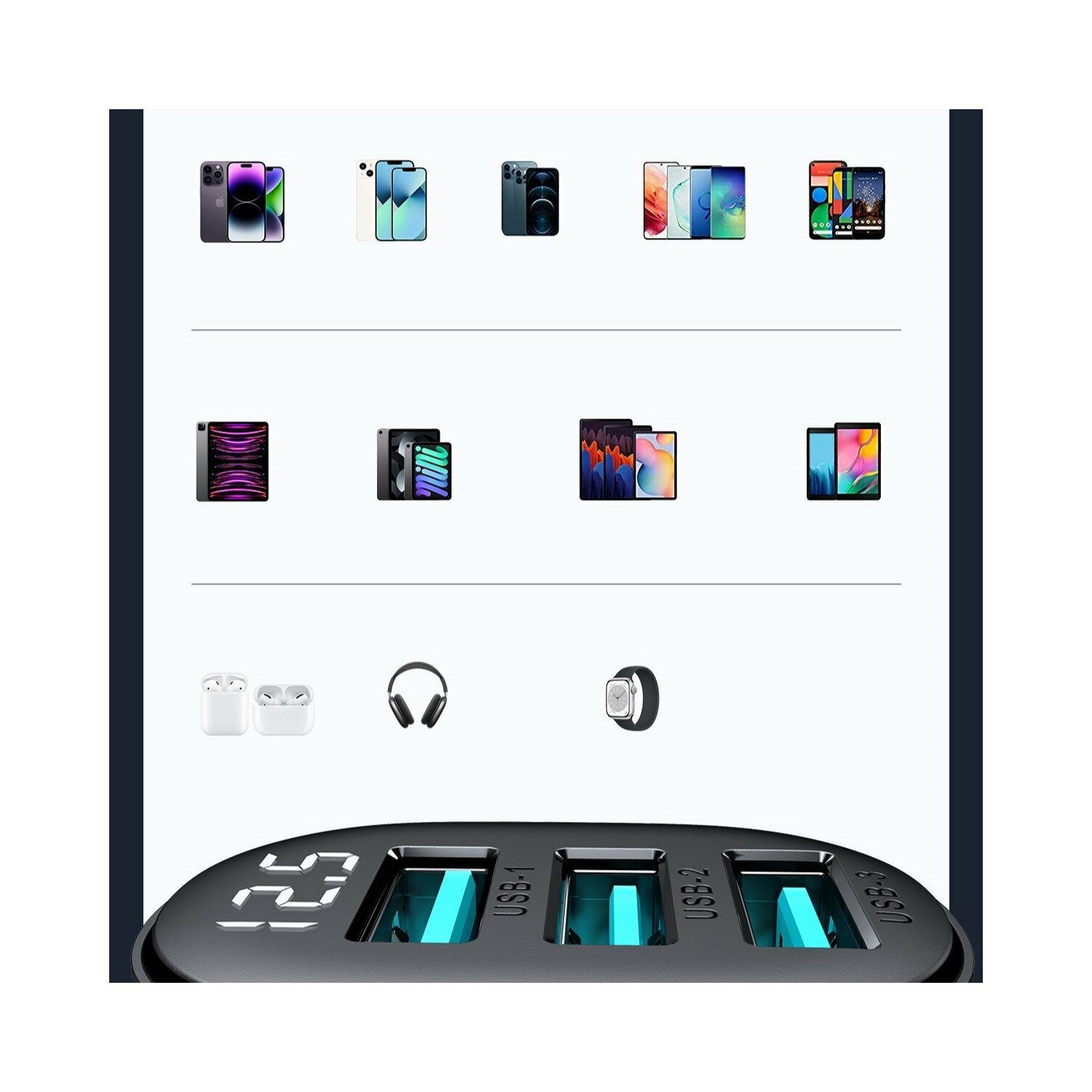 Stacja ładująca z wieloma urządzeniami na górze. Wiele telefonów, tabletów, słuchawek i smartwatch.