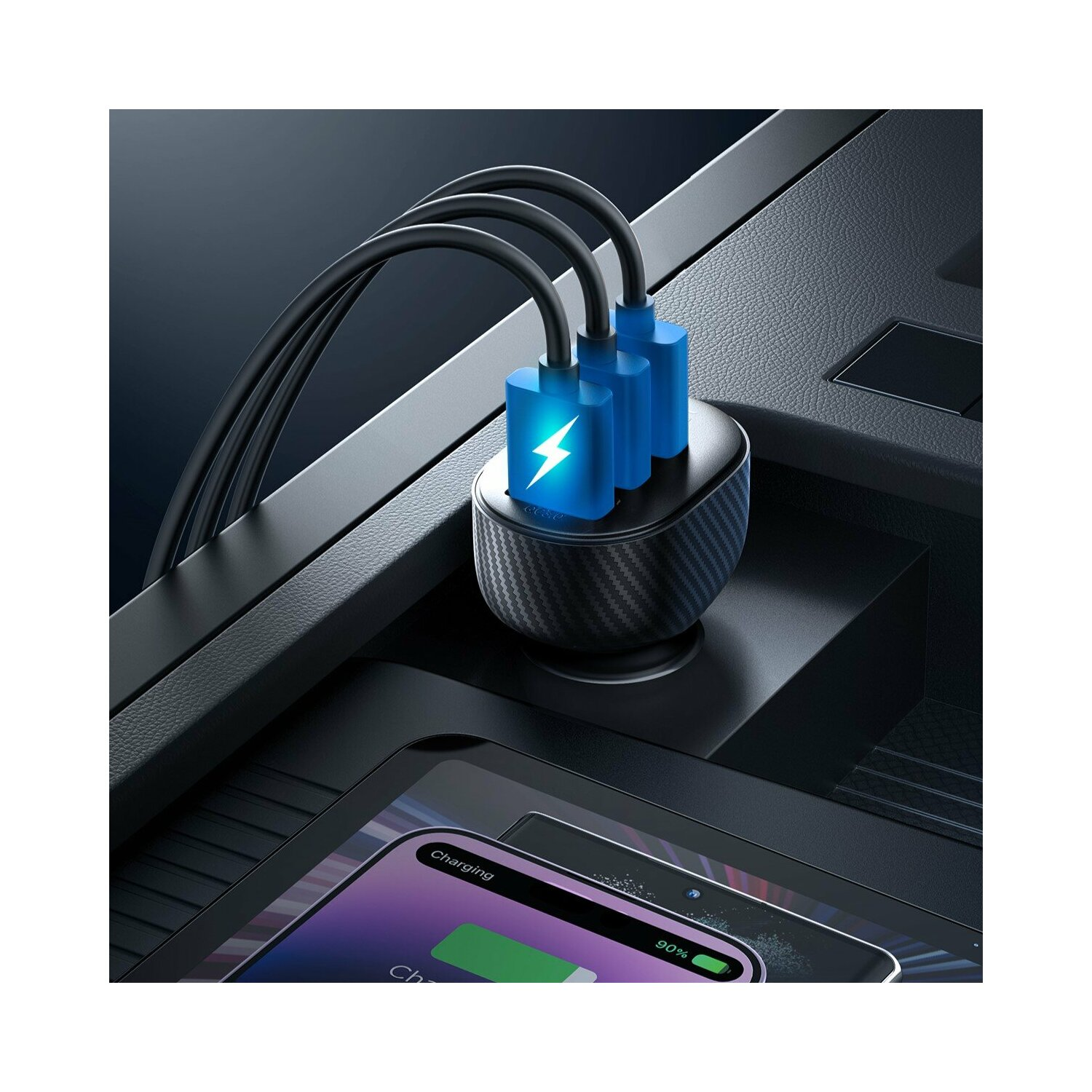 Czarna i niebieska ładowarka z trzema kablami ładującymi. Logo błyskawicy na niej.