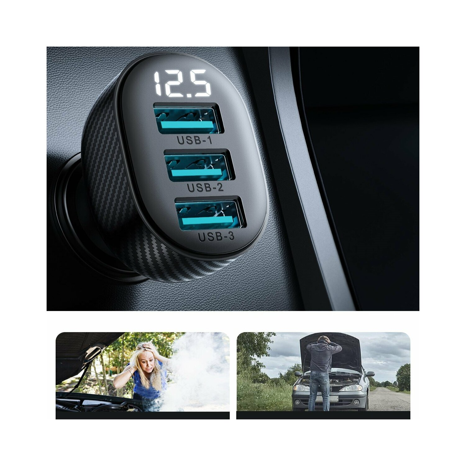 Ładowarka samochodowa z portami USB, wyświetlacz cyfrowy. Poniżej dwa obrazy problemów z samochodem.